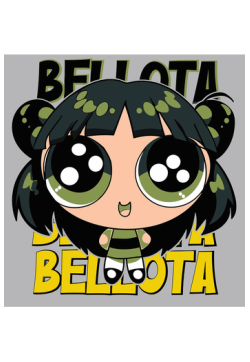 Diseño vectorial de Bellota (Bubbles) con hojas en el pelo, camiseta a rayas, texto 'BELLOTA' en negro y amarillo
